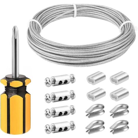 Kit di cavi sospesi in acciaio inossidabile rivestito in vinile da 2 mm x 10 m con ditali, manicotti di crimpatura, clip per cavi per piante da giardino, luci per quadri, fili per stendere i panni