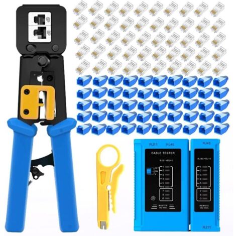 Kit di crimpatura RJ45 Proster - Crimpatrice RJ45 passante per cavi di rete CAT5, CAT5e e CAT6 con tester per cavi di rete, 50 connettori CAT6 placcati in oro e coperture, 5 lame