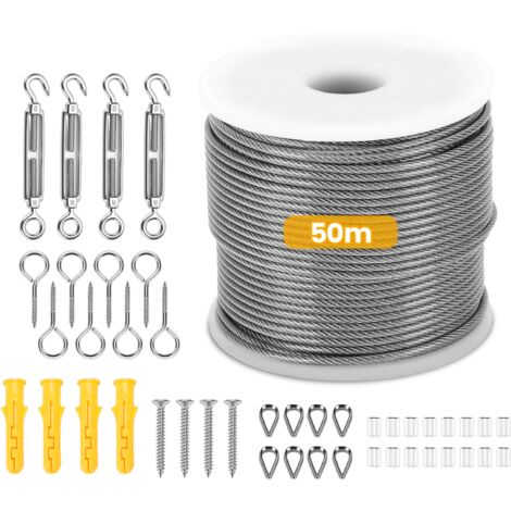Kit di filo da giardino da 50 m, cavo in acciaio per serra, kit di 45 guaine per cavi 7x7 per piante, tralicci, recinzioni e luci decorative da esterno.