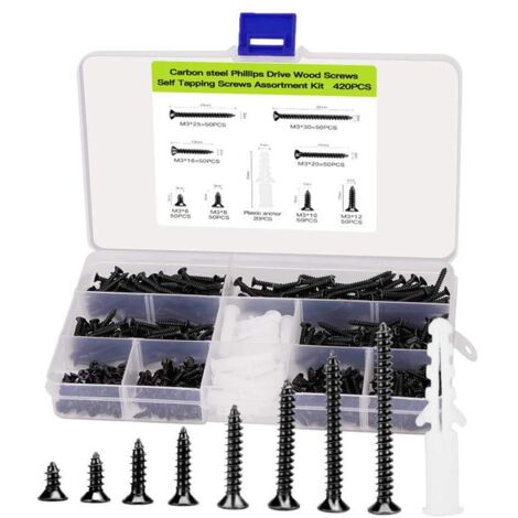Kit di fissaggio assortito di viti per legno a testa piatta M3 da 420 pezzi, cacciavite Phillips, viti autofilettanti a testa svasata, acciaio al carbonio, include ancoraggi per viti M6 da 20 pezzi