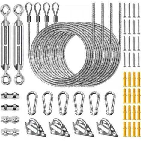 Kit di fissaggio per vele ombreggianti da patio, composto da 52 pezzi, in acciaio inox 304, con accessori per l'installazione di vele ombreggianti, tenditore regolabile e corda in acciaio da 2 m.