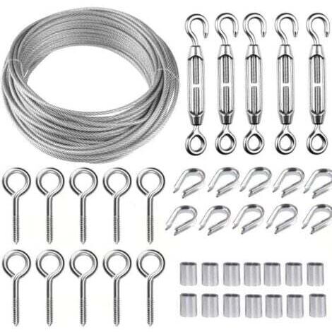 Kit di funi sospese in acciaio inossidabile da 30 m, kit di funi metalliche, cavo in acciaio inossidabile rivestito da 2 mm, con tenditore M5 e ganci a occhiello, per piante rampicanti, ringhiere, ste