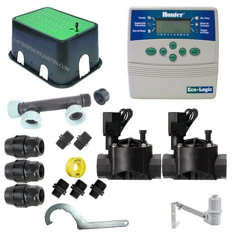 Kit di irrigazione automatico Hunter 24V a 2 zone per tubi da 20 mm  Include programmatore, elettrovalvole e accessori