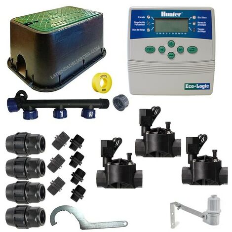 Kit di irrigazione automatico Hunter 24V a 3 zone per tubi da 20 mm  Include programmatore, elettrovalvole e accessori