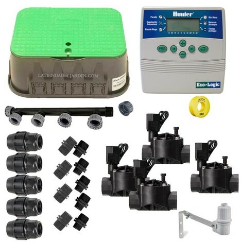 Kit di irrigazione automatico Hunter 24V a 4 zone per tubi da 20 mm  Include programmatore, elettrovalvole e accessori