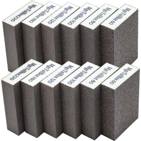 Kit di lucidatura con 12 spugne abrasive e blocchi abrasivi, grana 60/80/100/120/180/220. Specifiche: lavabili e riutilizzabili.