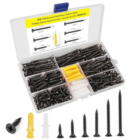 Kit di montaggio viti per legno n. 6, cacciavite a croce, set di viti autofilettanti a testa piatta, viti per cartongesso per piccoli mobili da cucina, 300 pezzi, lunghezza da 5/8" a 2", rivestimento 