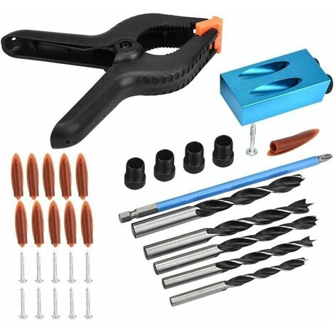 Kit di perforazione per fori tascabili da 34 pezzi Set di guide per trapano da 15 ° Strumento di posizionamento del posizionatore obliquo per la lavorazione del legno