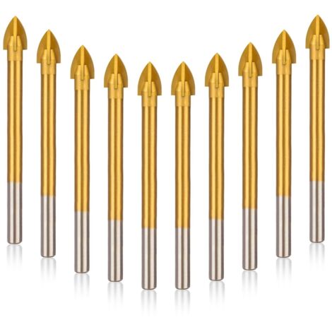 Kit di punte per muratura da 10 pezzi, set di punte per trapano in carburo di vetro rivestito in titanio per cemento, pietra, taglienti, punta a croce per vetro, mattoni, piastrelle, plastica, ceramic