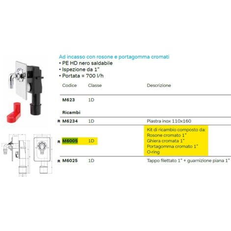 Kit di ricambio per art. M623 composto da: Rosone cromato 1" - Ghiera cromata 1" - Portagomma cromato 1" - O-ring M6005