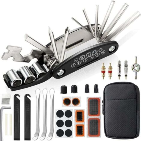 Kit di riparazione per biciclette, kit di attrezzi per biciclette, attrezzo multifunzione 16 in 1, kit per forature per biciclette con 3 leve per pneumatici per biciclette, accessorio per toppe per bi