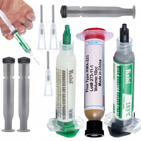 Kit di saldatura Rosfix Flux 338 + Stagno liquido 183°C +2x stantuffo, 2x ago + Flusso saldante Rosfix Flux RMA-223 con stantuffo e ago