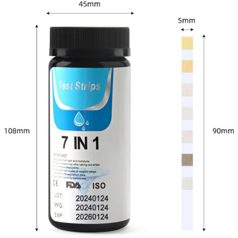 Kit di strisce reattive 7 in 1 per spa e piscine per durezza totale/cloro totale/cloro libero/bromo/pH/alcalinità totale/nitriti, 50 pezzi.