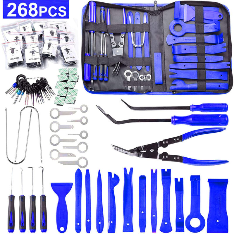 Image of Longziming - Kit di strumenti per la rimozione delle finiture da 268 pezzi, per pannelli auto, radio, portiere, cruscotti, con perni di fissaggio,