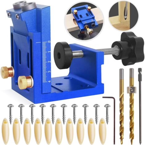Kit di utensili per fori tascabili regolabili per la lavorazione del legno, dima per fori tascabili rimovibile blu, con 2 punte da trapano da 9,5 mm, per la lavorazione del legno e la fabbricazione di