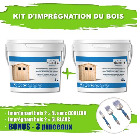 Kit d'imprégnation du bois pour la décoration intérieure et extérieure : 10L de produit de protection blanc + 10L de produit de protection teck + jeu de brosses GRATUIT- TIMBELA DKMT02-TEAK/WHITE