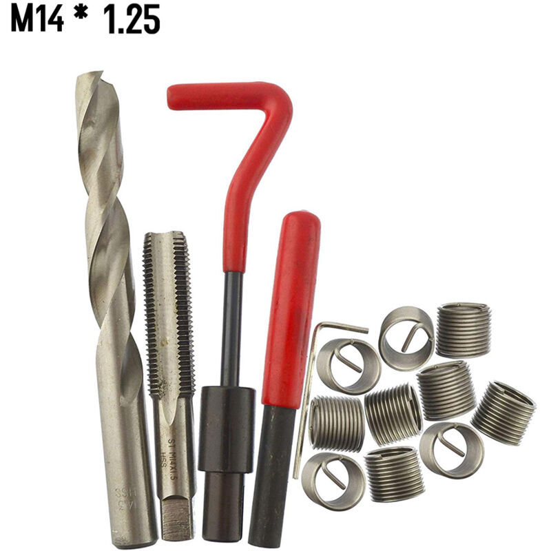 Lifcausal - Kit d'inserts de réparation de filetage métrique 15 pièces M5 M6 M8 M10 M12 M14 Helicoil Car Pro Coil Tool M14 1,25