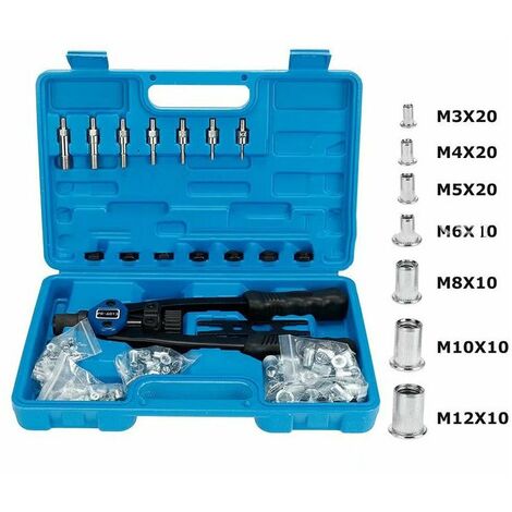 Kit d'installation d'écrou avec 100 mandrins métriques assortis M3/M4/M5/M6/M8/M10/M12 et étui de transport moulé