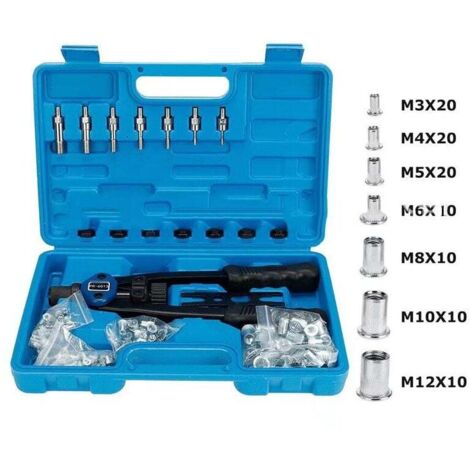 Kit d'installation d'écrou avec 100 mandrins métriques assortis M3/M4/M5/M6/M8/M10/M12 et étui de transport moulé-