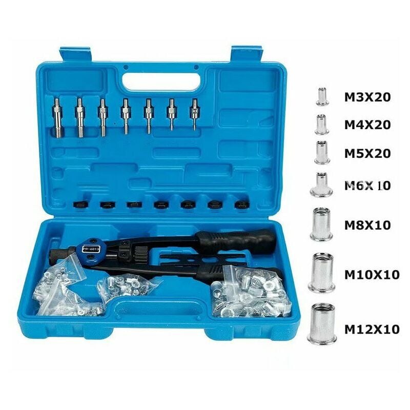 Trimec - Kit d'installation d'écrou avec 100 mandrins métriques assortis M3/M4/M5/M6/M8/M10/M12 et étui de transport moulé