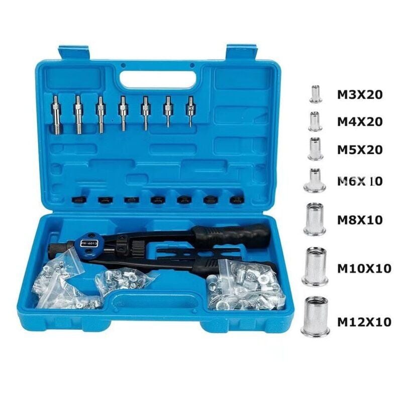 SNQ - Kit d'installation d'écrou avec 100 mandrins métriques assortis M3/M4/M5/M6/M8/M10/M12 et étui de transport moulé-