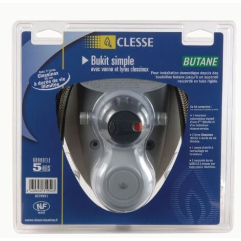 Kit d'Installation Domestique pour Bouteille Butane CLESSE Détente avec Vanne et Lyres en Inox Bukit S - 857NVX1