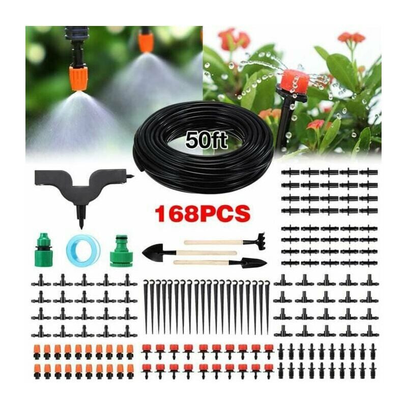 Kit d'irrigation Goutte 168 PCS 50FT Jardin Systeme d'arrosage Automatique Avec 3 Pelles Pour Pelouse Plante Potager Serre