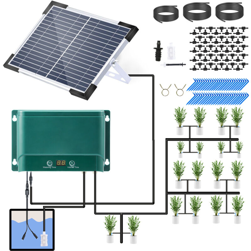 Kit d'irrigation goutte à goutte automatique solaire, 7 modes de synchronisation, 30 modes d'arrosage, système d'arrosage automatique de 32,8 pieds,