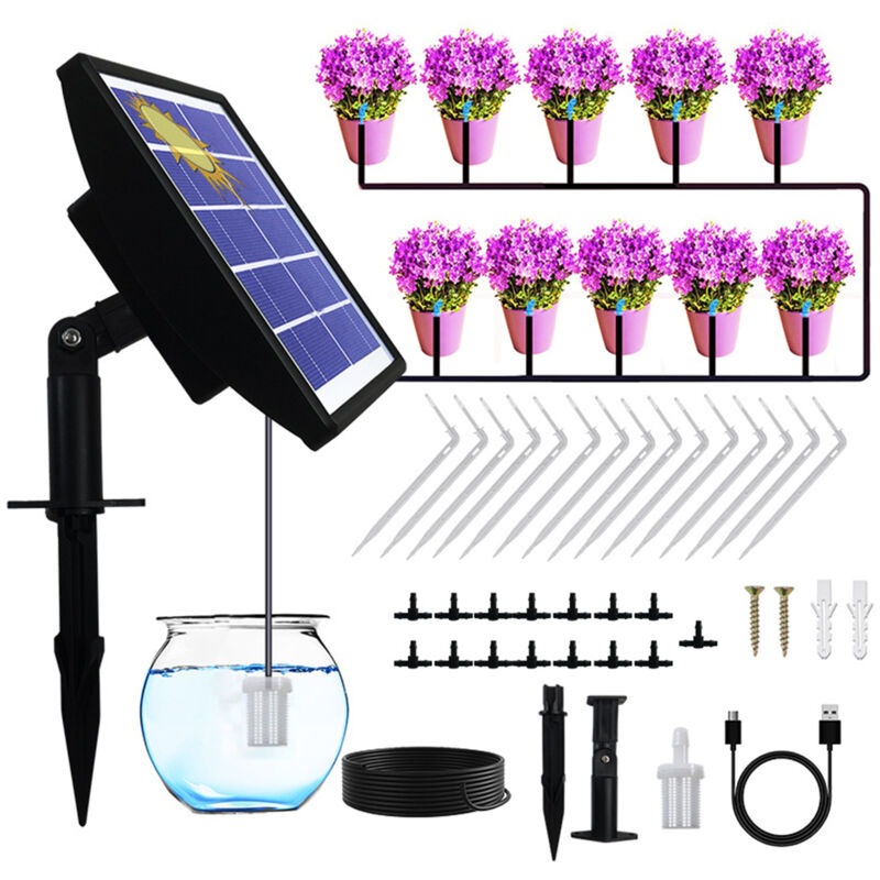 Kit d'irrigation goutte à goutte automatique solaire, système d'irrigation à énergie solaire anti-siphon pour balcon de jardin, minuterie 1-600 s,
