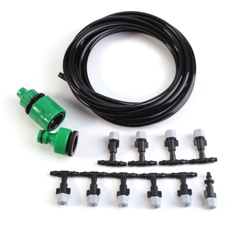 Kit d'irrigation micro-aspersion 5M pour jardin et terrasse, système de brumisation rafraîchissant avec tuyau et buses.
