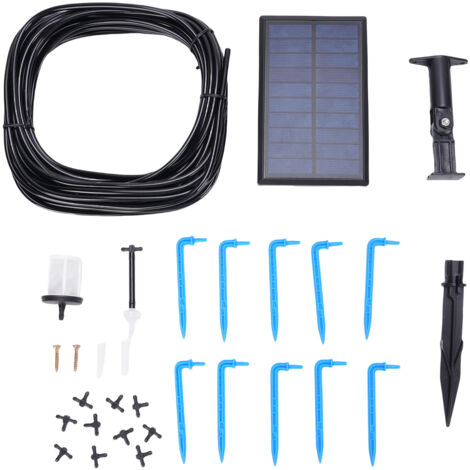 Kit d'irrigation solaire goutte à goutte pour 10 plantes en pot avec 6 modes de minuterie, débit de 400 ml/min, tuyau de 33 pieds, dispositifs d'arrosage automatique des plantes, piquet inséré, noir.