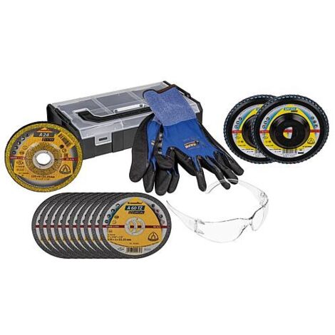 Kit Disque abrasif Klingspor 15 pièces avec lunettes de protection, Gants de travail dans L-Boxx Mini