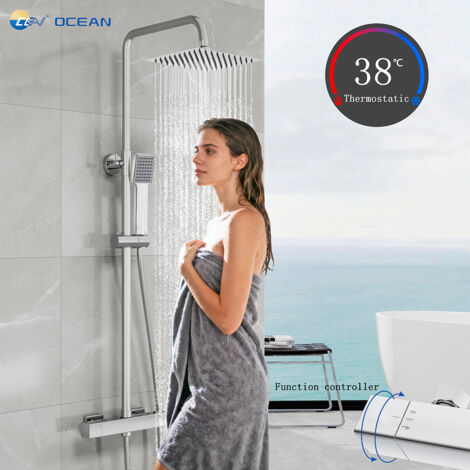 Kit doccia con soffione, doccetta e miscelatore termostatico quadrati, colonna doccia regolabile 75-125cm, cromato