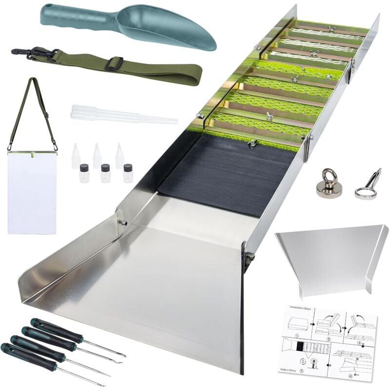 Rosvola - Kit d'Orpaillage Portable 20 Pièces Rampe d'Orpaillage 127 cm en Aluminium Résistant avec Pipettes Pelle et Sac de Transport Sluice pour