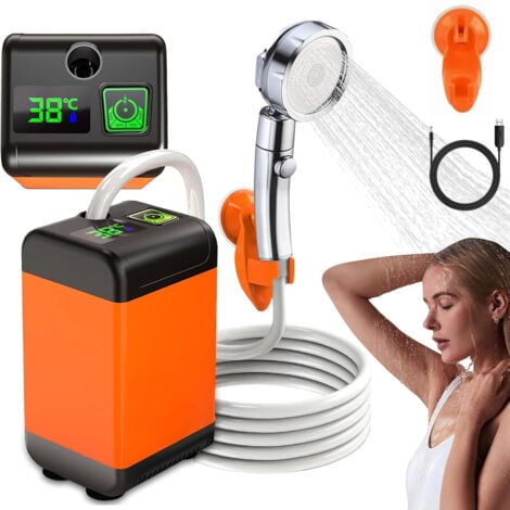 BAZYWTYH Kit Douche de Camping 7800mAh, Pompe de Douche Électrique Rechargeable, Douche Camping 12v avec Affichage Intelligent de Température et Pression d'eau Réglable, Pompe pour Douche Camping