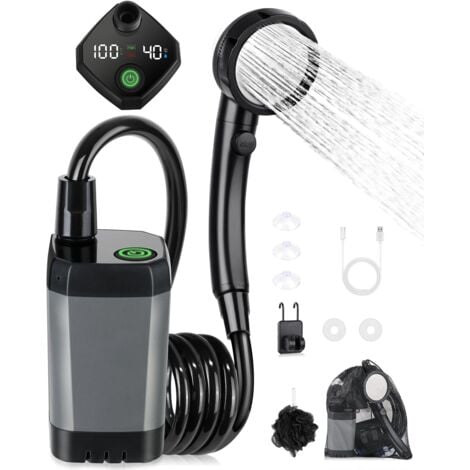 HOUHENCE Kit Douche de Camping, Douche Portable,Pompe de Douche Électrique Rechargeable,Imperméable, avec Afficheur Intelligent et Pomme de Douche 4 Modes pour Extérieure,Camping,Randonnée