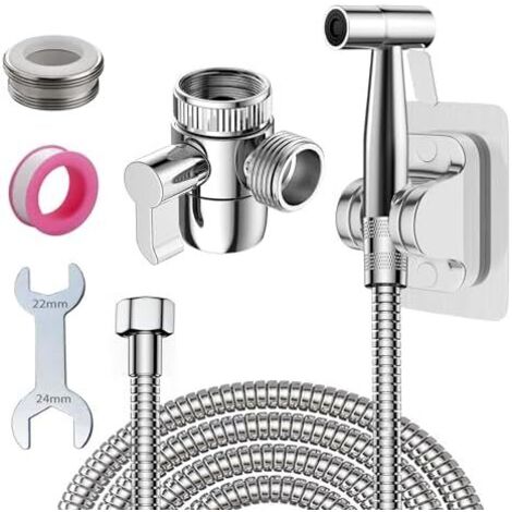 Kit Douchette WC avec Vanne 3 Voies et Tuyau 2m, de Bidet Toilette Support, Pulvérisateur Pomme Douche Adaptateur G1/2 pour l'hygiène Personnelle, Argent Tuyan -