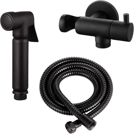 Kit Douchette WC/Bidet Design Noir Mat – Ensemble Complet en Laiton Massif avec Robinet d’Arrêt Intégré, Support Mural et Flexible 120 cm – Uniquement pour Eau Froide
