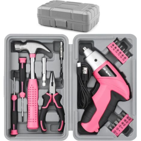 Kit d'outils 19 pièces, tournevis électrique USB rose 3,6 V, kit de bricolage pour la maison, tournevis sans fil rechargeable avec boîte à outils compacte