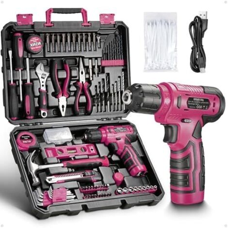 Kit d’outils 233 pièces avec perceuse sans fil, boîte à outils complète pour bricolage domicile comprenant tournevis, pinces, marteau, accessoires et Rose -