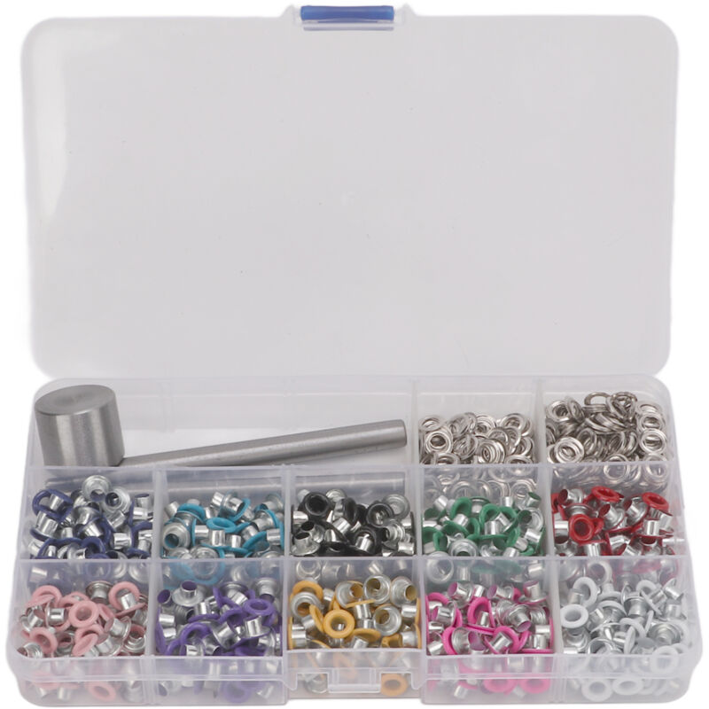 Kit d'outils à œillets 4mm multicolore pour décoration DIY, avec boîte de rangement transparente, idéal pour vêtements et chapeaux.