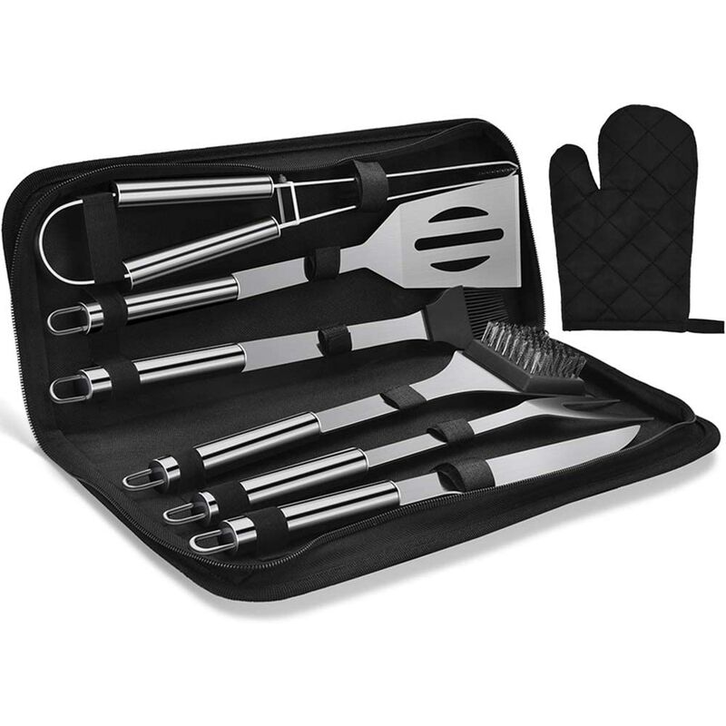 Kit d'outils de barbecue en acier inoxydable avec sac de transport, ustensiles de barbecue avec gant de barbecue pour homme et femme (7 pièces)