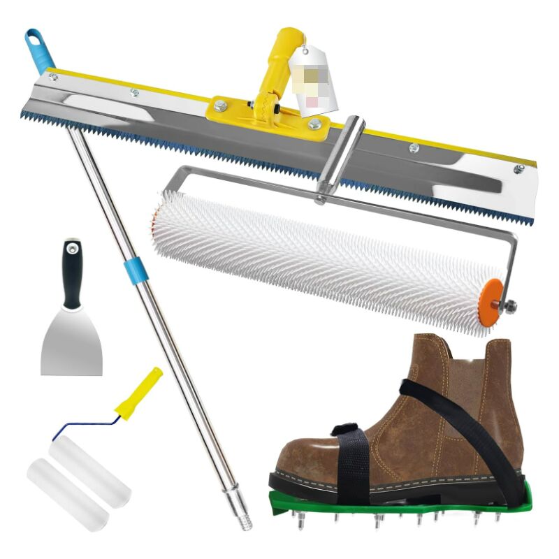 Kit D'outils de Ciment Autonivelant, Rouleau Debulleur 11 mm, Chaussure a Pointe Ragreage 30 mm, Autonivelant Grattoirs, Perche Telescopique 162 cm