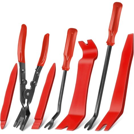 Kit d'outils de démontage de garnitures intérieures en plastique rouge, composé de 7 pièces, comprenant un levier et une pince pour retirer les garnitures intérieures de voiture.