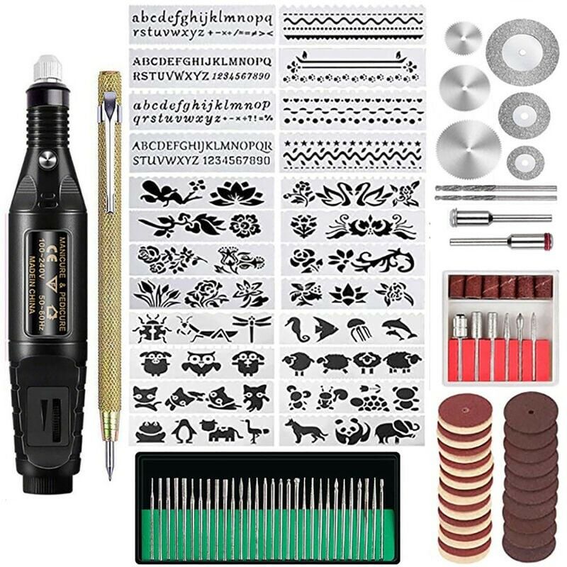 KZQ - Kit d'outils de gravure 107 pièces, stylo graveur filaire multifonctionnel, outil rotatif bricolage pour bijoux, verre, bois, métal