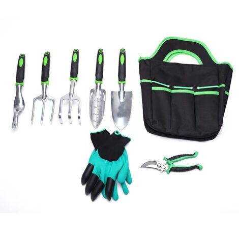 Kit d'Outils de Jardin 8 Pièces en Alliage d'Aluminium avec Sac et Gants, Ensemble de Jardinage avec Pelle, Râteau, Sécateur