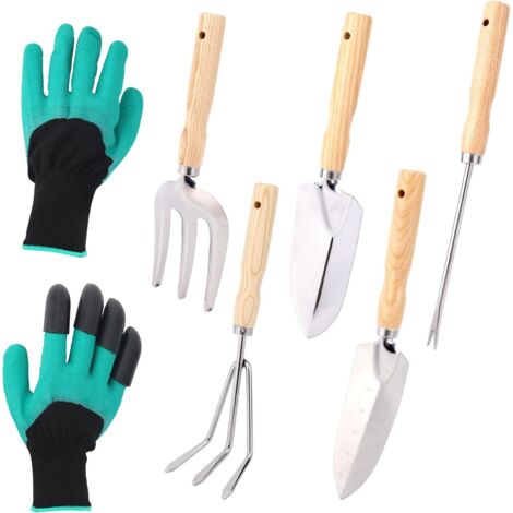 Kit d’Outils de Jardin Robuste, Outils à Main avec Manche en Bois Acier Inoxydable Gants en Latex Cadeaux de Jardinage pour Passionnés