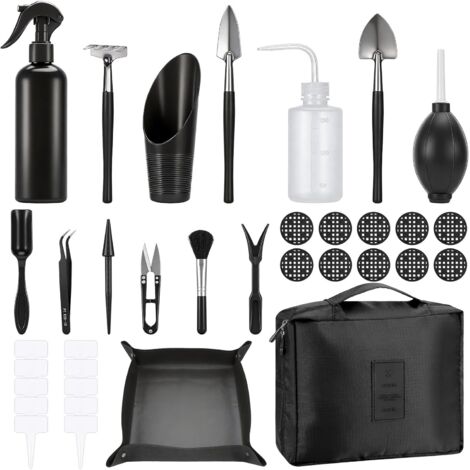 Kit d’Outils de Jardinage 17 Pièces pour Plantes Grasses, Mini Outils de Précision pour Micro-Paysages et Succulentes, Ensemble Complet avec Tapis Imperméable et Sac de Rangement