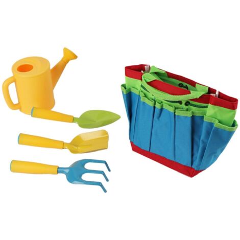 Kit d'outils de jardinage vert pour enfants – 5 pièces incluant un arrosoir, une pelle, un râteau, une fourche et un sac de transport – Un ensemble tout-en-un.