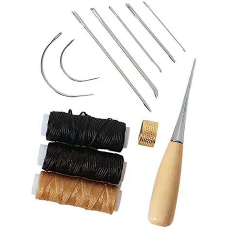 Kit d'outils de maroquinerie 12 pièces Aiguilles à coudre Fil ciré Cordon Couture Poinçon Dé à coudre Réparation du cuir DIY